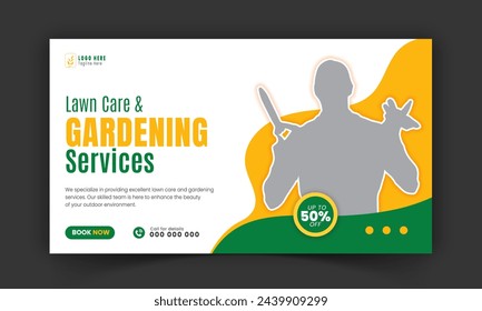 Corporate lawn care and gardening or landscaping services live stream video  thumbnail design, lawn mower, gardening, promotion, web banner, template, abstract green and yellow color shapes