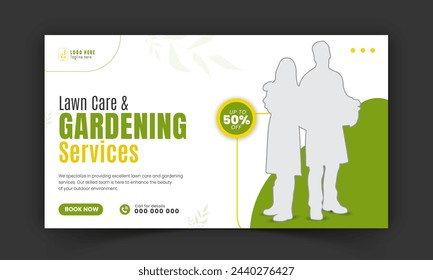 Corporate lawn care and gardening or landscaping services live stream video thumbnail design, lawn mower, gardening, promotion, social media post, cover template, abstract green, yellow color shapes