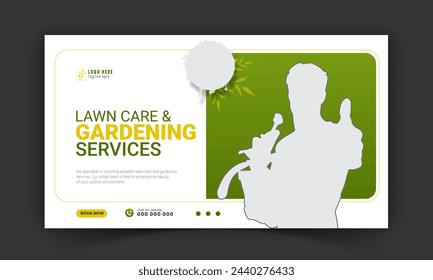 Corporate lawn care and gardening or landscaping services live stream video thumbnail design, lawn mower, gardening, promotion, social media post, cover template, abstract green, yellow color shapes