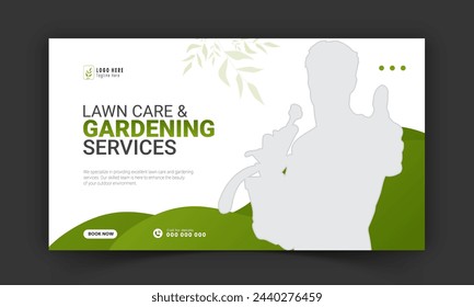 Corporate lawn care and gardening or landscaping service live stream video thumbnail design, lawn mower, gardening, promotion, social media post, cover template, abstract amazing green color shapes