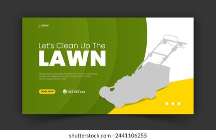Corporate lawn care and gardening or landscaping services live stream video thumbnail design, lawn mower, gardening, promotion, social media post, cover template, abstract green, yellow color shapes
