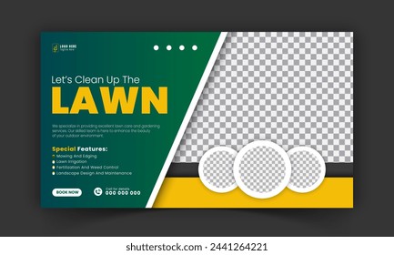 Corporate lawn care and gardening or landscaping services live stream video thumbnail design, lawn mower, gardening, promotion, social media post, cover template, abstract green, yellow color shapes