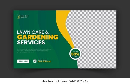 Corporate lawn care and gardening or landscaping services live stream video thumbnail design, lawn mower, gardening, promotion, social media post, cover template, abstract green, yellow color shapes