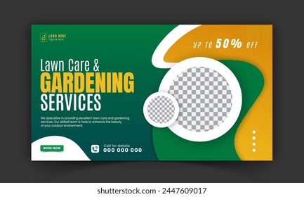 Corporate lawn care and gardening or landscaping services live stream video thumbnail design, lawn mower, gardening, promotion, social media post, cover template, abstract green, yellow color shapes
