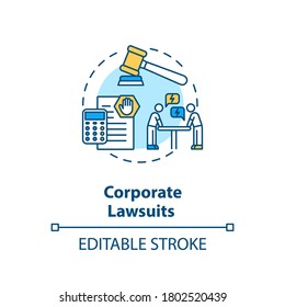 Corporate Lawsuit Concept Icon. Business And Legal Consulting Service. Proceeding In Court Of Law Idea Thin Line Illustration. Vector Isolated Outline RGB Color Drawing. Editable Stroke