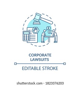 Corporate Lawsuit Concept Icon. Financial And Legal Consulting Service. Proceeding In Court Of Law Idea Thin Line Illustration. Vector Isolated Outline RGB Color Drawing. Editable Stroke