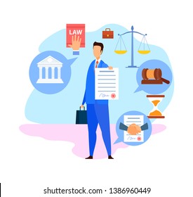 Corporate Lawyer, Advisor Flat Vector Character. Advocate, Consultant Holding Signed Business Agreement, Contract. Law And Justice Symbols. Successful Negotiations Cartoon Illustration