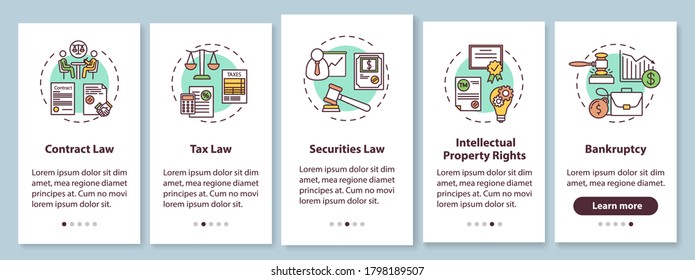 Corporate lawyer competencies onboarding mobile app page screen with concepts. Contract, tax law. Walkthrough 5 steps graphic instructions. UI vector template with RGB color illustrations