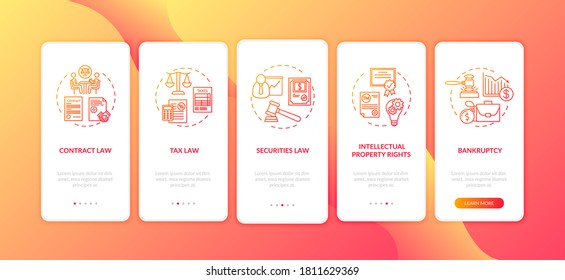 Corporate lawyer expertise onboarding mobile app page screen with concepts. Attorney legal advice. Walkthrough 5 steps graphic instructions. UI vector template with RGB color illustrations