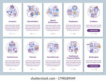 Corporate lawyer expertise and shareholder types onboarding mobile app page screen with concepts. Walkthrough 5 steps graphic instructions. UI vector template with RGB color illustrations