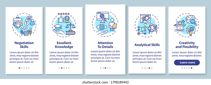 Corporate lawyer skills onboarding mobile app page screen with concepts. Negotiation and excellent knowledge. Walkthrough 5 steps graphic instructions. UI vector template with RGB color illustrations