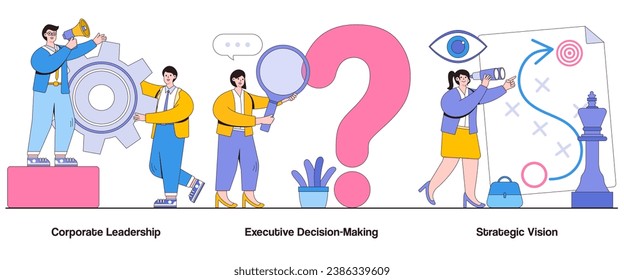 Corporate leadership, executive decision-making, strategic vision concept with character. Leadership excellence vector illustration set. Inspirational leadership, strategic direction metaphor.