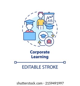 Icono de concepto de aprendizaje corporativo. La última habilidad de demanda en la ilustración de línea delgada de ideas abstractas de desarrollo. Formación del personal. Dibujo de contorno aislado. Trazo editable. Fuentes Arial, Myriad Pro-Bold utilizadas