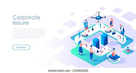 Corporate leisure isometric landing page vector template. Business staff recreation website homepage interface illustration layout. Informal colleagues communication web banner isometry concept