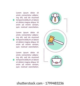 Icono de concepto de responsabilidad corporativa con texto. Plantilla vectorial de página PPT. Responsabilidad jurídica. Acción penal de los empleados. Folleto, revista, elemento de diseño de folletos con ilustraciones lineales