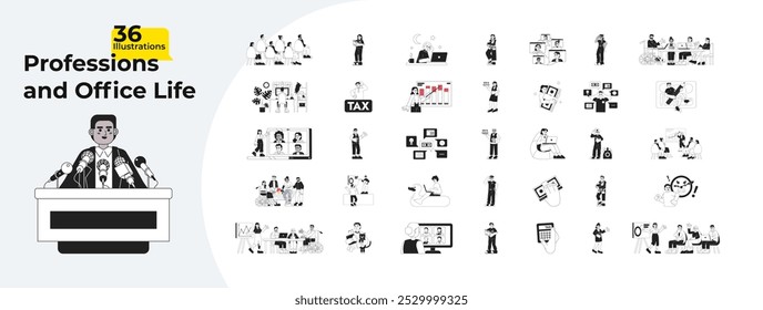 Großes Paket von Illustrationen zum Thema Unternehmenslebenseinstellung. Stellenangebote. Steuerbuchhaltung. Diagramme Arbeitsplatz Laptop arbeiten 2D lineare Bilder isoliert. Kollektion schwarz-weiße Vektorgrafiken