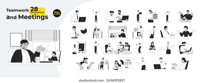 Ilustrações do esboço da vida corporativa mega bundle. Comunicação no local de trabalho. Trabalho em equipe remoto. Conversa profissional. Imagens lineares 2D de funcionários diversos isoladas. Coleção de desenhos vetoriais em preto e branco