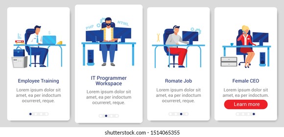 Corporate lifestyle onboarding mobile app screen vector template. Walkthrough website steps with flat characters. UX, UI, GUI smartphone cartoon interface concept. Employee training, remote job