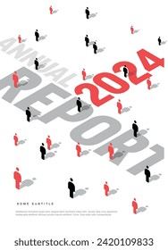 A corporate light annual report cover featuring isometric figures scattered across a white background with large typography. The abstract design suggests business, diversity, and data representation.