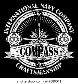 Corporate logo with compass. Emblem with banner isolated on black background. Navigation symbol. Vector illustration.