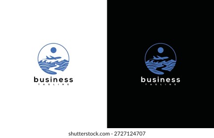 Corporate logo design featuring a stylized business emblem with a mountain range and sun symbol