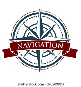 Corporate logo with windrose. Emblem with red banner isolated on white background. Navigation symbol. Vector illustration. 