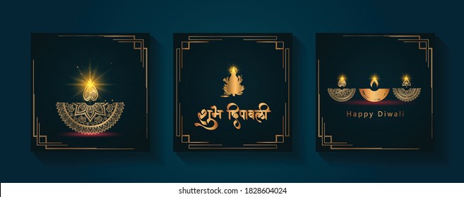 Corporate look of Diwali, Light, Colorful decoration, family, luxury greeting cards set, traditional ethnic & Golden and black background banner with Goddess Lakshmi warship, light festival of India