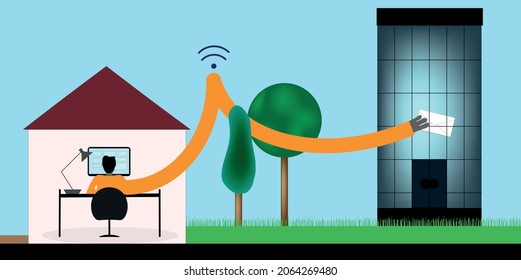 Corporate Main Office Building Exterior. Person Sitting At The Desk And Work In Home Office. Building Automation With Computer Networking. Internet Network Security Concept. 