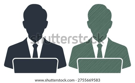 Corporate male office worker using computer, formal suit attire, modern digital work concept