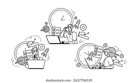 corporate man laptop planning vector. document bank, tax signature, contract work corporate man laptop planning character. people black line pencil drawing illustration