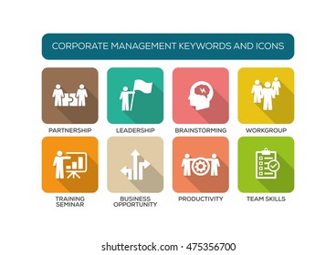 Conjunto de iconos planos de administración corporativa