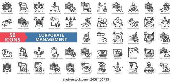 Corporate management icon collection set. Containing business, financial, process, team building, project, innovation, brand icon. Simple line vector illustration.