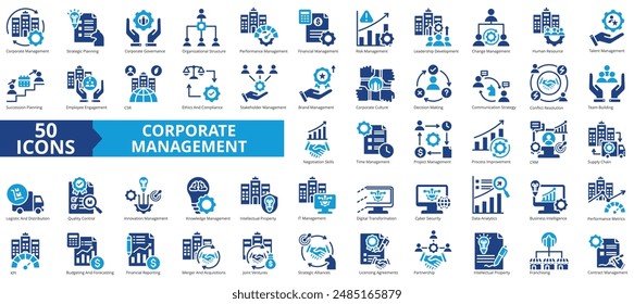 Conjunto de colecciones de iconos de administración Corporativa. Conteniendo negocios, finanzas, procesos, team building, proyecto, innovación, icono de marca. Simple Ilustración vectorial plana.