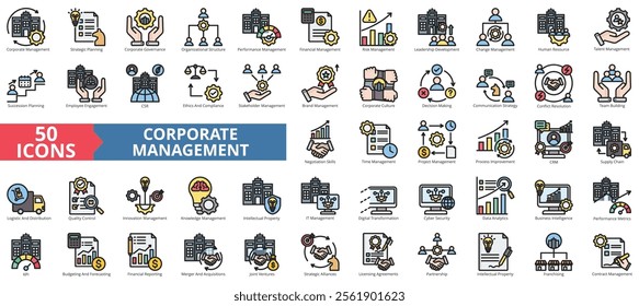 Corporate management icon collection set. Containing business, financial, process, team building, project, innovation, brand icon. Simple flat outline vector illustration