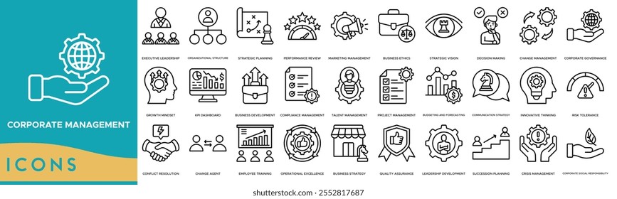 Ícone de gerenciamento corporativo. Liderança executiva, estrutura organizacional, planejamento estratégico, análise de desempenho e gerenciamento de marketing
