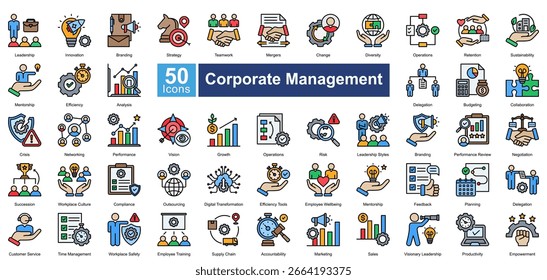 Conjunto de ícones de gerenciamento corporativo contendo 50 ícones, incluindo análise de desempenho, negociação, sucessão, cultura do local de trabalho, conformidade, terceirização, transformação digital, vetores simples.