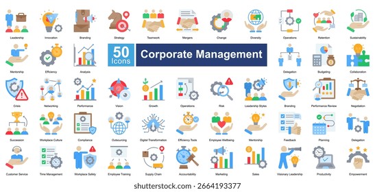 Conjunto de ícones de gerenciamento corporativo contendo 50 ícones, incluindo análise de desempenho, negociação, sucessão, cultura do local de trabalho, conformidade, terceirização, transformação digital, vetores simples.