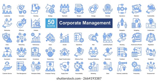 Conjunto de iconos de gestión Corporativa que contiene 50 iconos, incluidos, revisión de rendimiento, negociación, sucesión, cultura del lugar de trabajo, conformidad, subcontratación, transformación digital, Vectores simples.