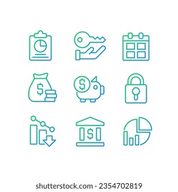 Conjunto de iconos de vector lineal de gradiente perfecto para píxel de administración corporativa. Finanzas y banca. Seguridad de la empresa. El símbolo de contorno delgado diseña el paquete. Colección de ilustraciones de esquema aisladas
