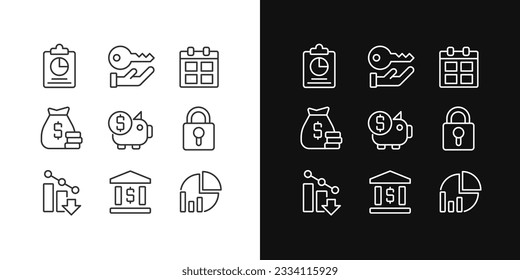 Iconos lineales perfectos de píxeles de administración corporativa para el modo oscuro y claro. Finanzas y banca. Seguridad de la empresa. Símbolos delgados para la noche, tema del día. Ilustraciones aisladas. Trazo editable