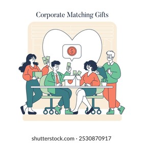 Concepto de regalos de emparejamiento Corporativa. Empleados que participan en una campaña de donación colaborativa con la Asistencia de la empresa. Promoción colectiva de esfuerzo caritativo. Ilustración vectorial.