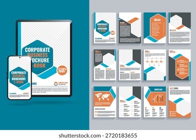 Modelo De Ebook De Material Corporativo. 12 página Digital empresa Relatório anual. cor laranja e azul Brochura para Mac, Macbook, Ipad, Tablet, Computador