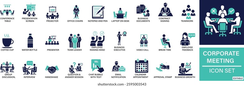 Corporate Meeting icon set Conference table, Presentation screen, Whiteboard with markers, Projector, Office chairs You can easily change the color