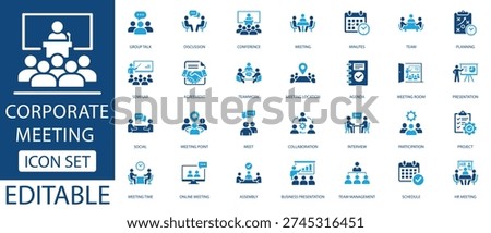  corporate meeting icon set .featuring meeting, seminars, online meetings, and office management symbols. Editable blue vector icons.