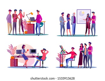 Corporate meeting illustration set. Colleagues discussing project, presenting chart, chatting. Communication concept. Vector illustration for topics like business, collaboration, partnership