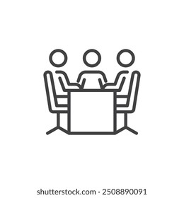 Icono de línea de reunión Corporativa. signo de estilo lineal para concepto móvil y Diseño web. Personas sentadas alrededor de una mesa de conferencia esbozan el ícono del Vector. Símbolo, ilustración del logotipo. Gráficos de Vector