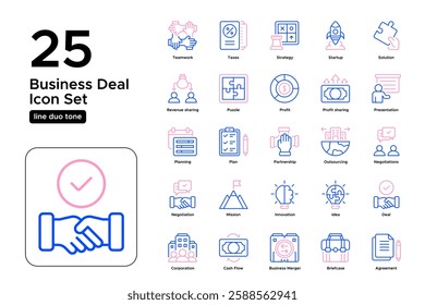 Corporate Mergers and Business Expansion. Partnership Deals, Investment, and Collaboration. Vector Illustration. Oultine duo tone icon set