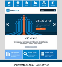 Corporate metro website template. Modern flat web design. Blue vector background.