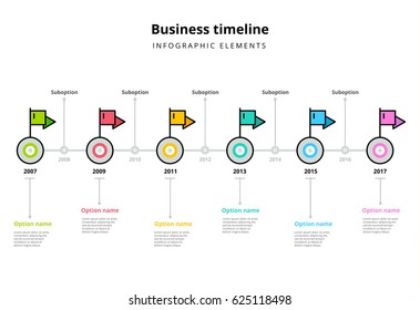 Elementos gráficos de hitos corporativos. Escala de tiempo del negocio en círculos escalonados con infografías de punteros de indicador. Plantilla de plan de presentación de la empresa. Diseño moderno de líneas de tiempo de historial vectorial.