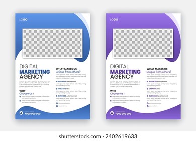 Corporate and minimal layout with purple and blue gradient color shapes, modern and professional business flyer design bundle, travel tourist brochure template, A4 size annual report, magazine, poster